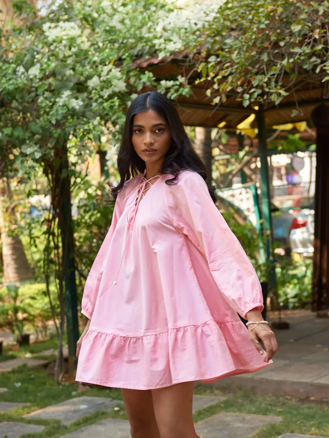 Pink 100% Cotton Full sleeves Dress for Women