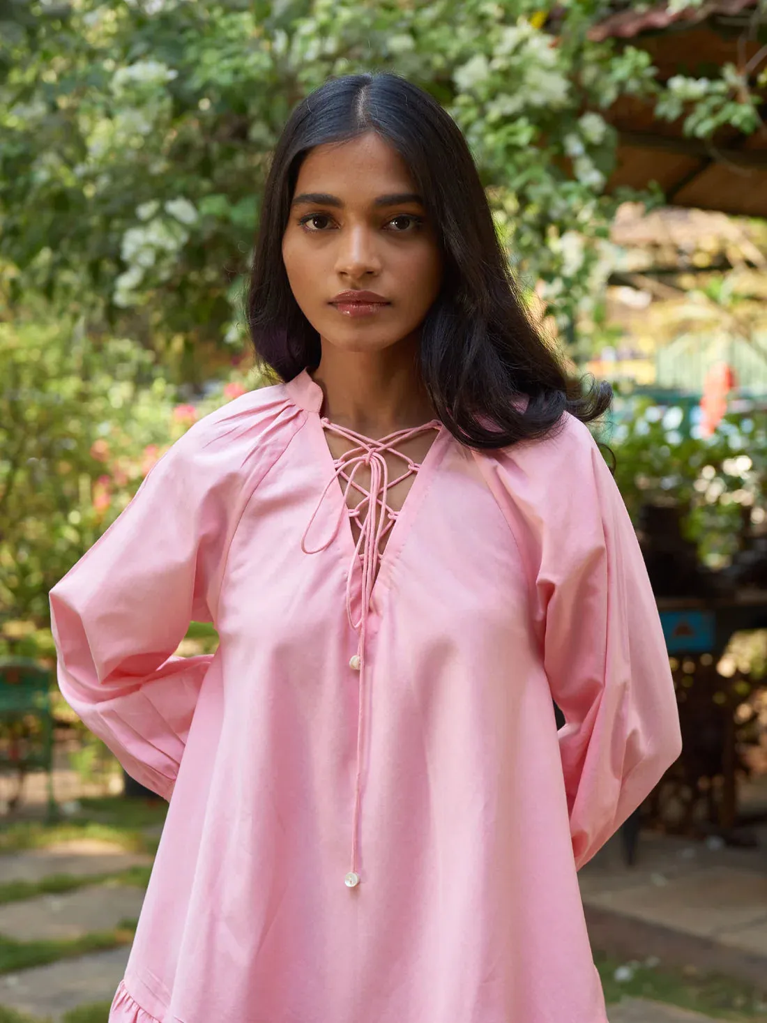 Pink 100% Cotton Full sleeves Dress for Women