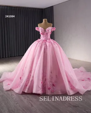 Pink Applique Floral Lace Wedding Dresses Off the Shoulder Quinceanera Dress 241084