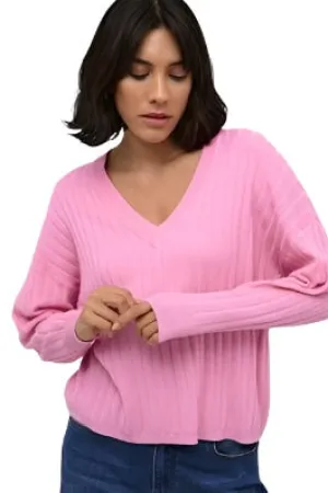 PINK LONG SLEEVE V NECK SWEATER