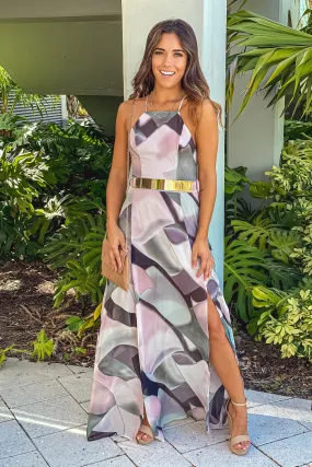 Pink Printed Chiffon Maxi Dress With Belt