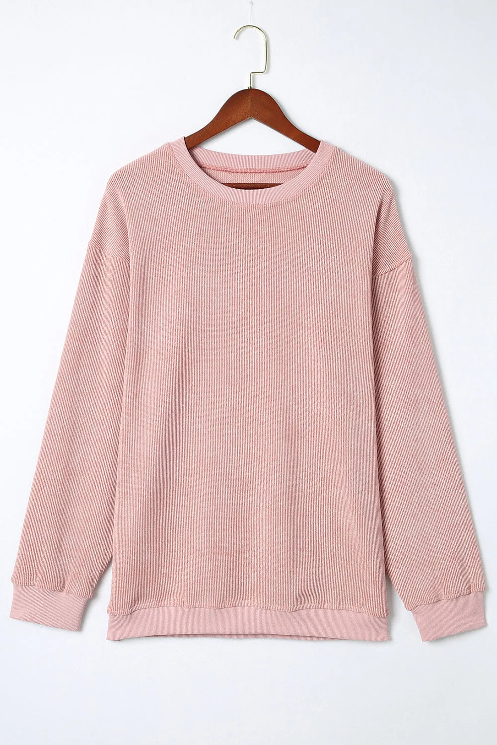 Pink Solid Ribbed Round Neck Pullover Sweatshirt