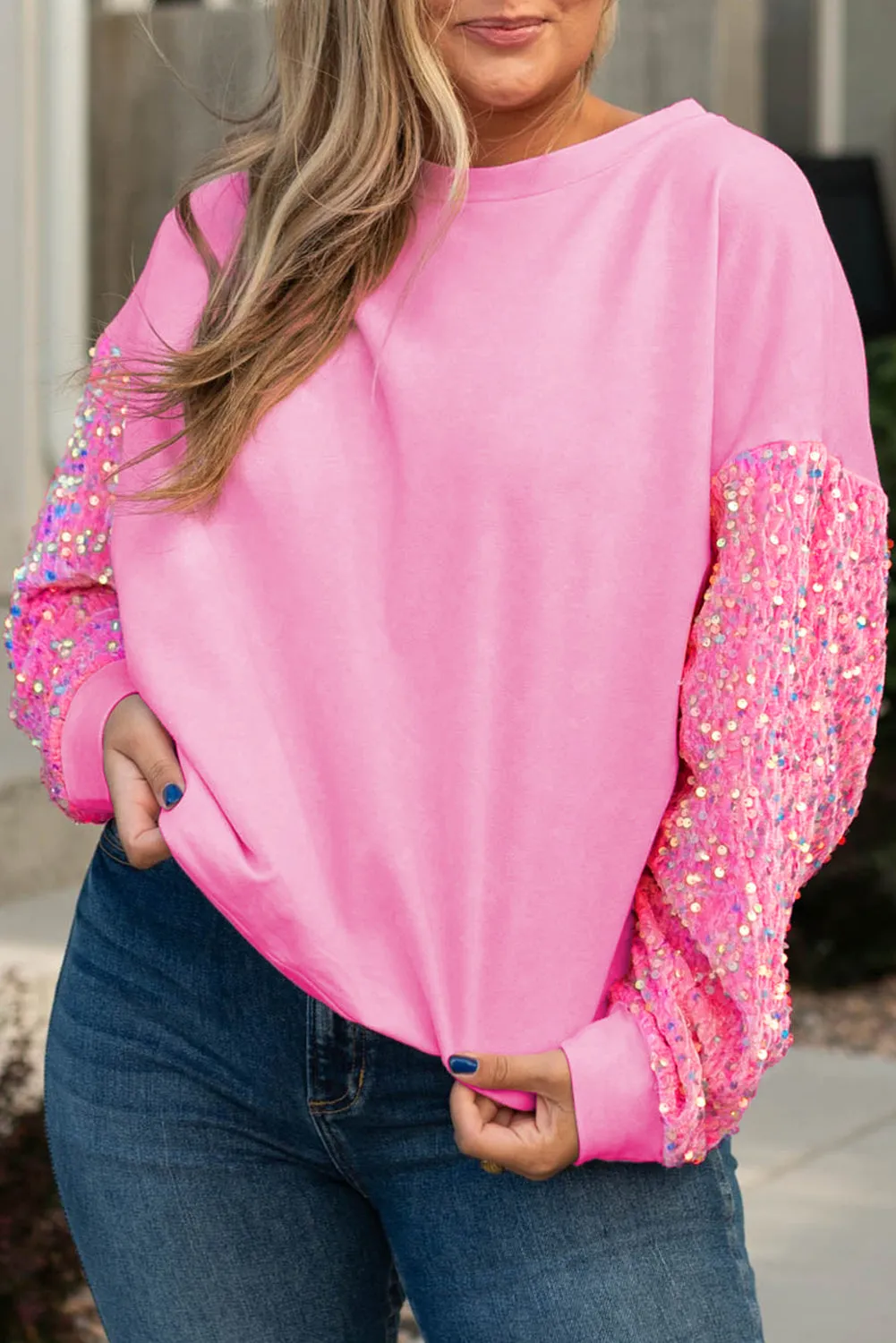 Plus Size Sequin Sleeve Crewneck Sweatshirt