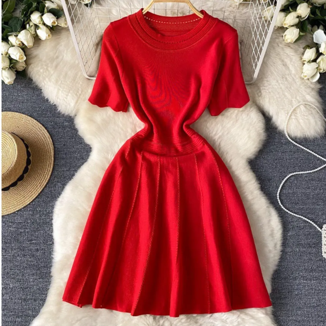 Pre Order:  Solid Waist Cinched Round Neck A-Line Dress