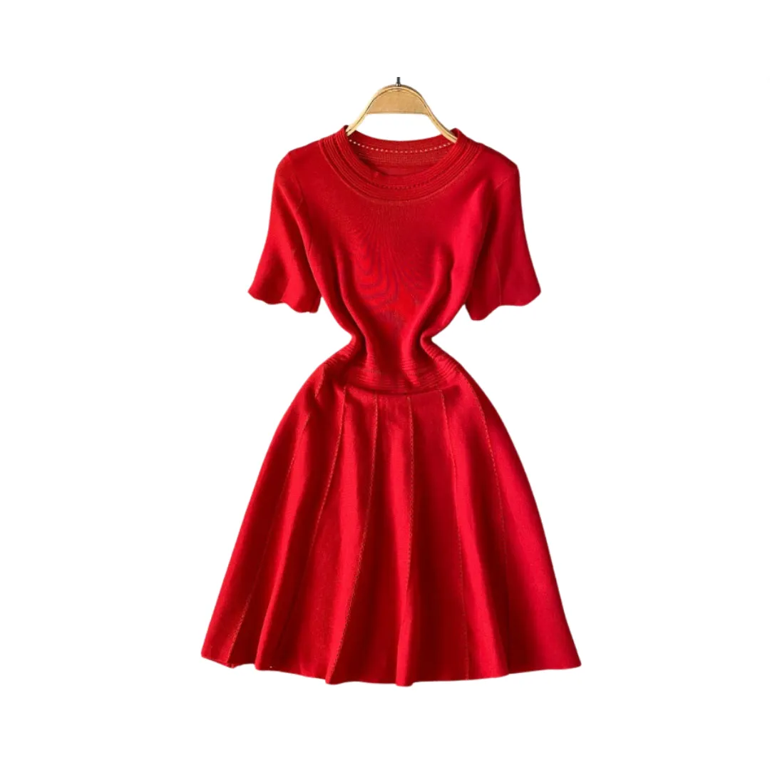 Pre Order:  Solid Waist Cinched Round Neck A-Line Dress