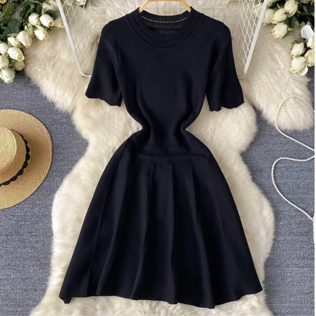 Pre Order:  Solid Waist Cinched Round Neck A-Line Dress