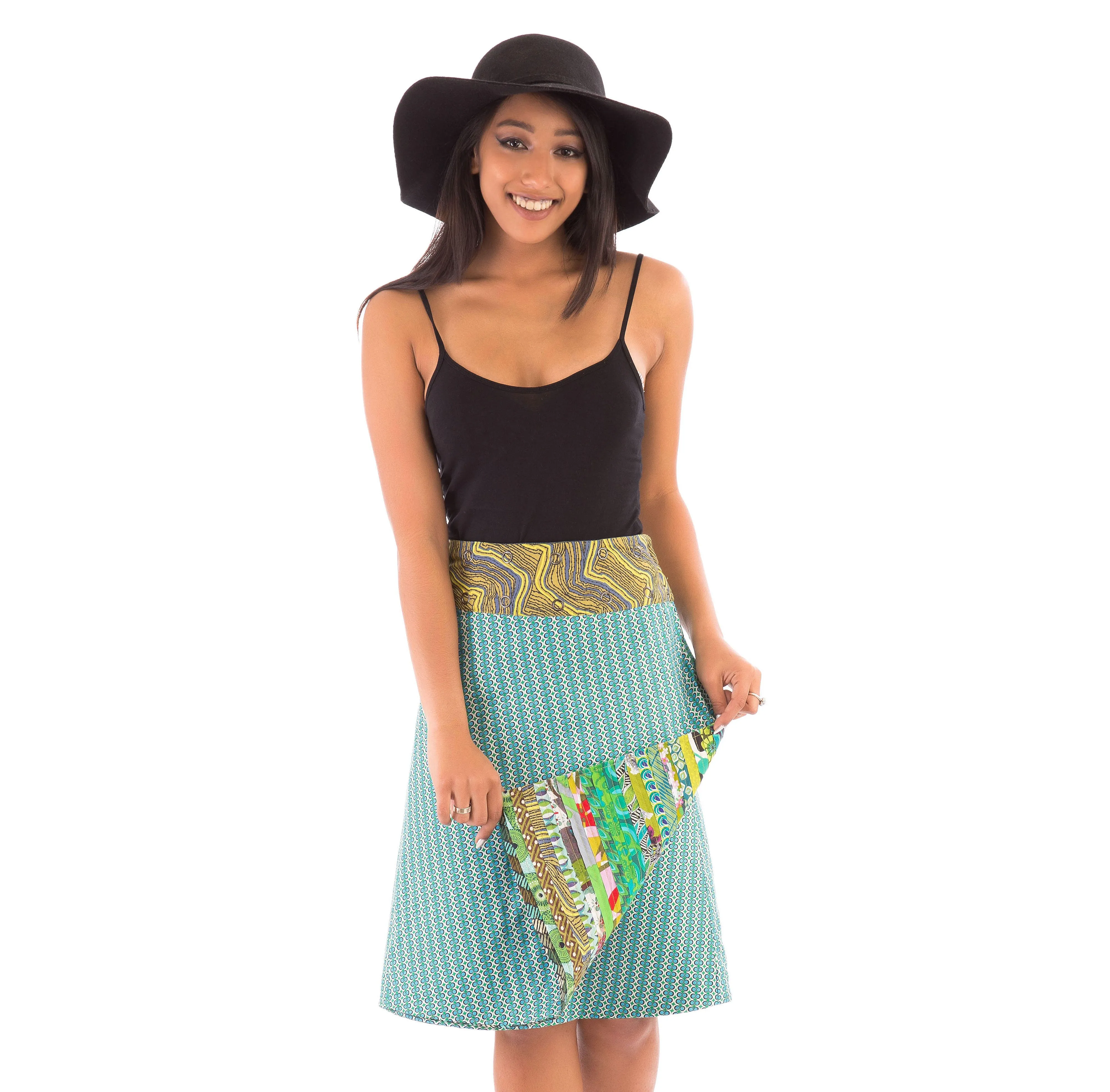 Reversible Cotton Skirt Green Patch with Green Blue Print and Denim Belt