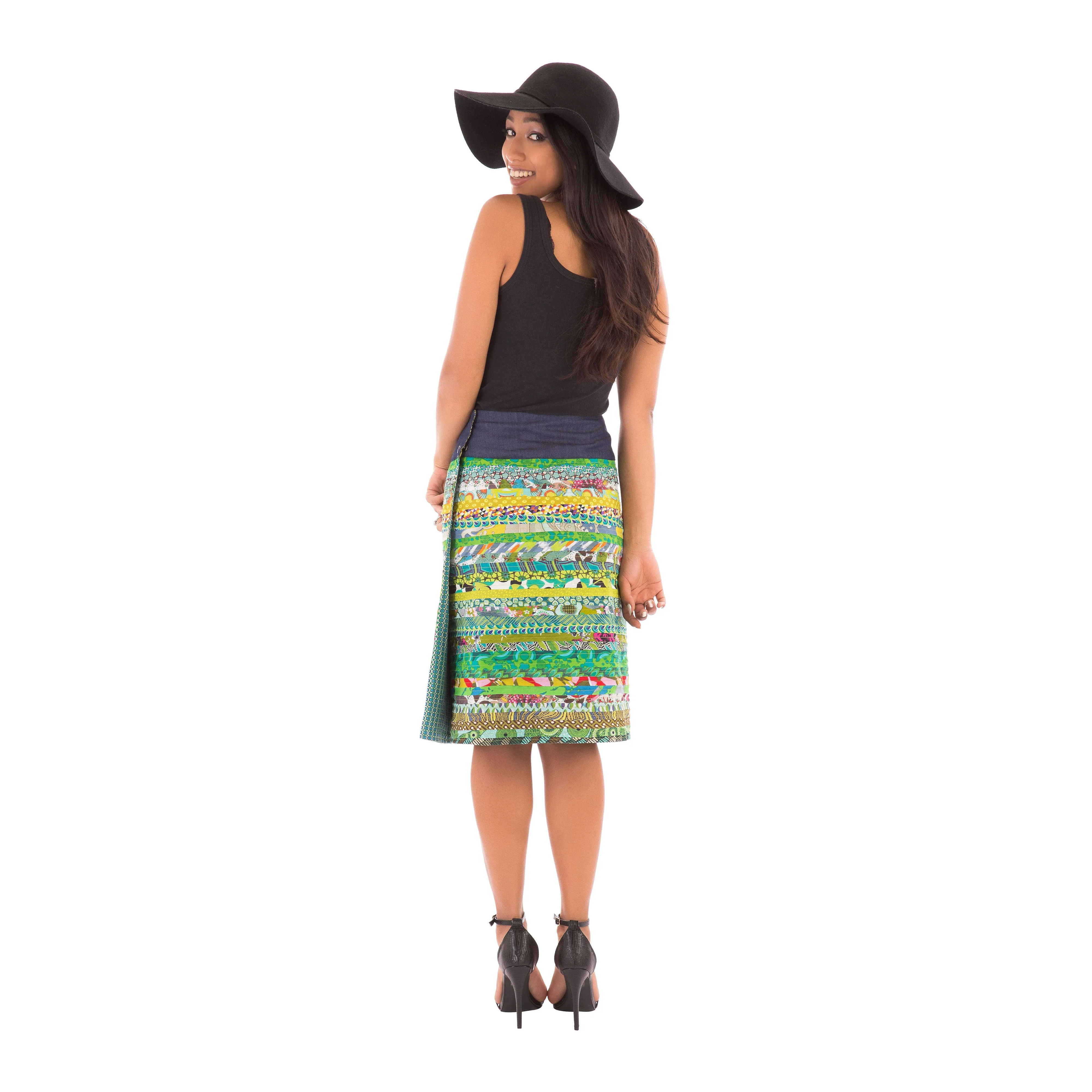 Reversible Cotton Skirt Green Patch with Green Blue Print and Denim Belt