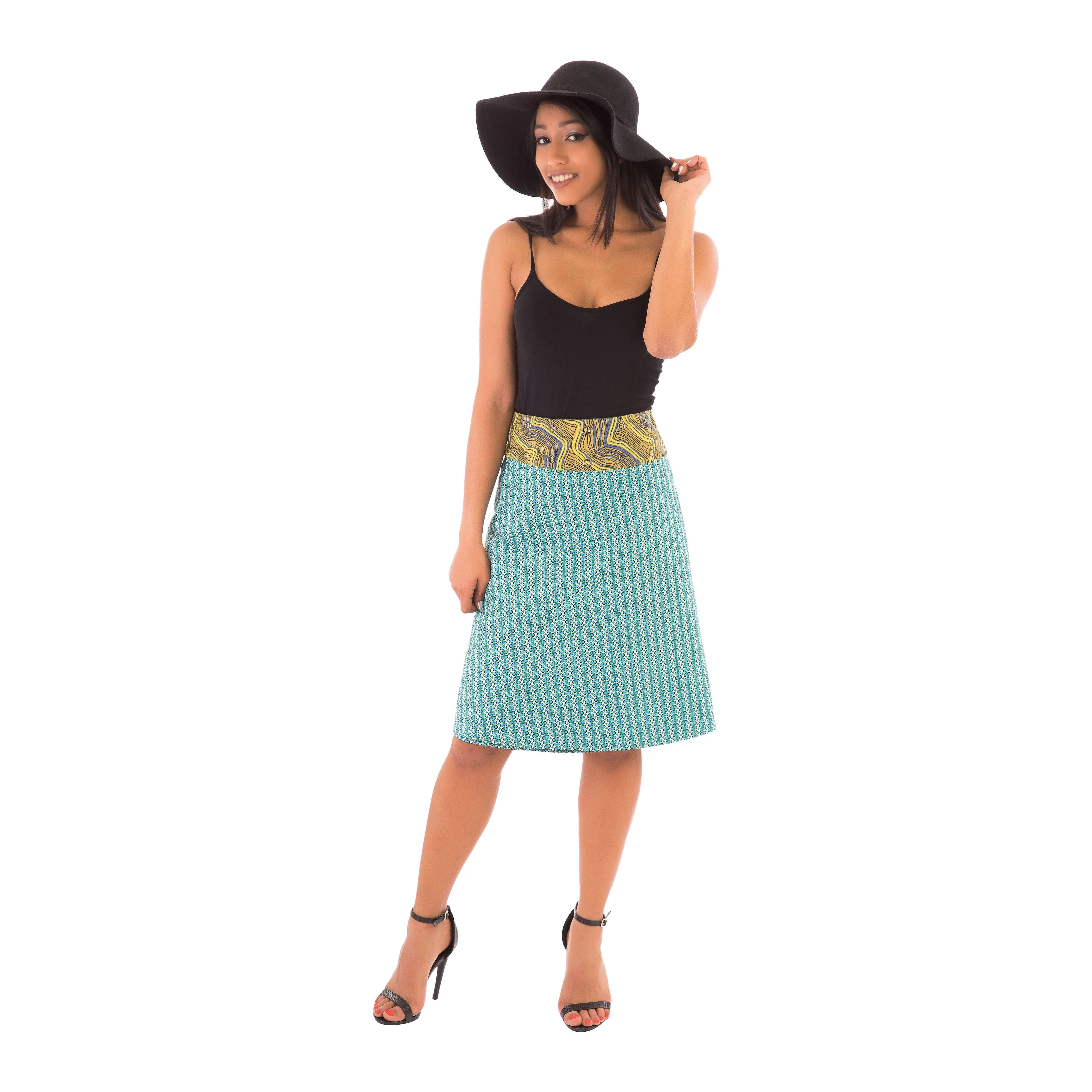 Reversible Cotton Skirt Green Patch with Green Blue Print and Denim Belt