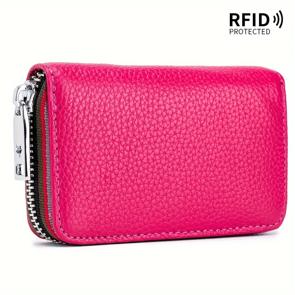 RFID-Blocking Leather Wallet - Compact & Secure Zippered Card Holder for Men & Women, Ideal for Travel