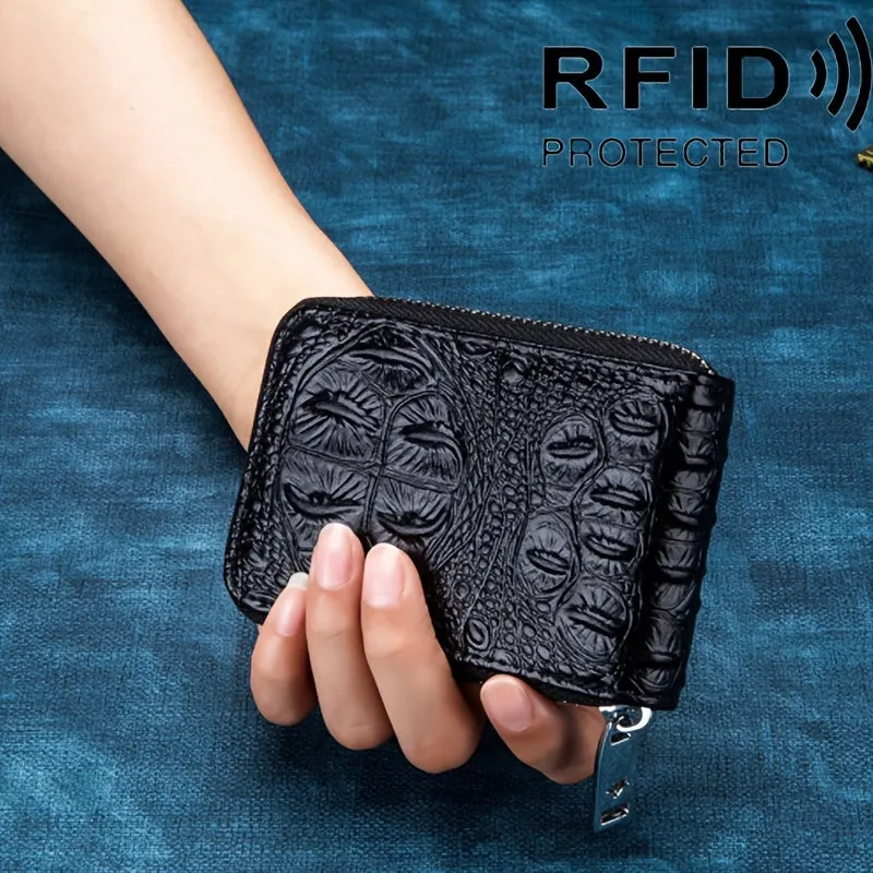 RFID Blocking Mens Card Wallet - Secure Zipper Around Design, Coin Purse & 12 Card Slots, Compact Clutch Money Purse for Everyday Use