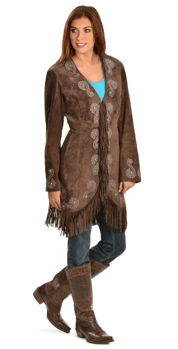 Scully Women's Brown Suede Leather Coat w/Fringe and Turquoise Stud Details L165