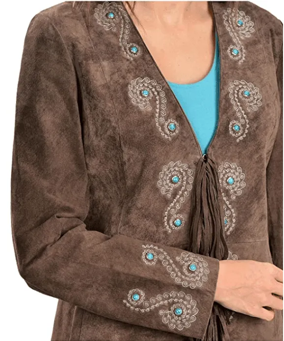 Scully Women's Brown Suede Leather Coat w/Fringe and Turquoise Stud Details L165