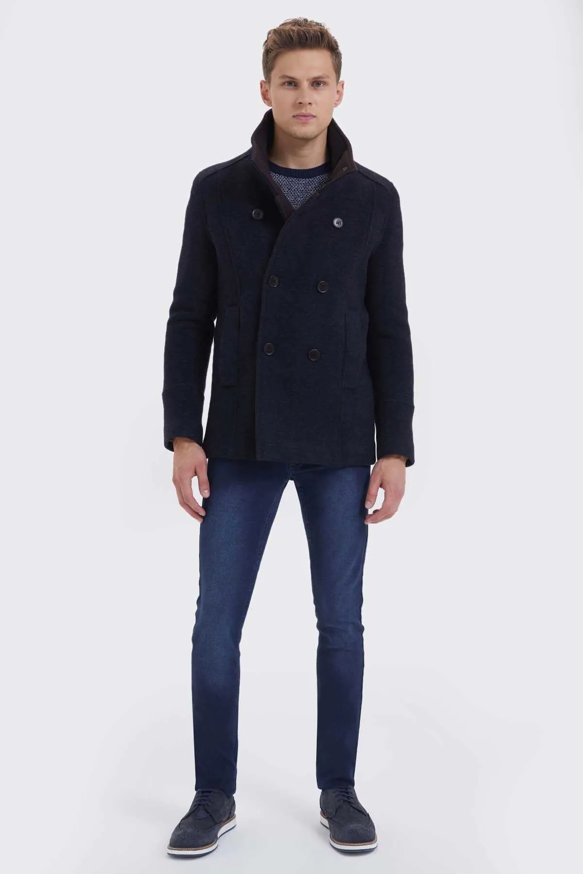 Slim Fit Double Breasted Vegas Wool Indigo-Gray Overcoat, Navy - Brown