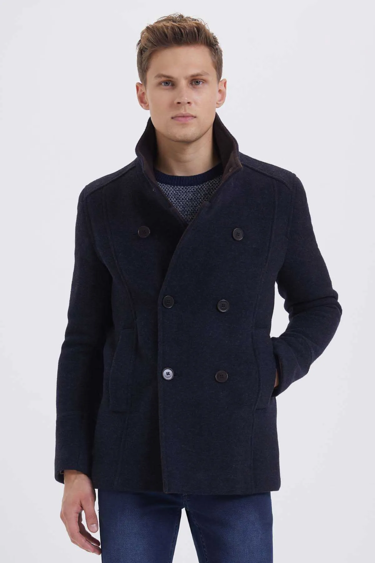 Slim Fit Double Breasted Vegas Wool Indigo-Gray Overcoat, Navy - Brown