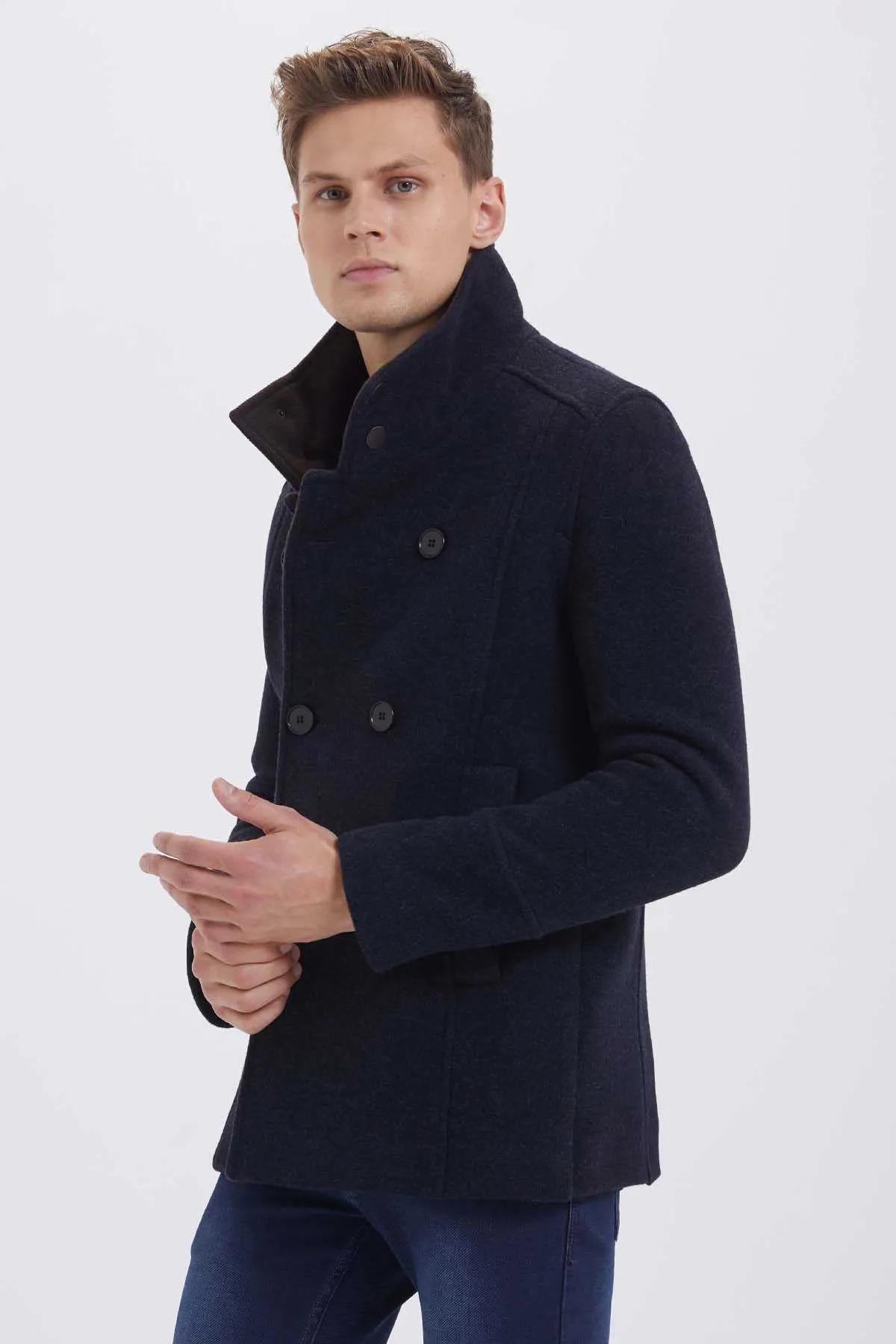 Slim Fit Double Breasted Vegas Wool Indigo-Gray Overcoat, Navy - Brown