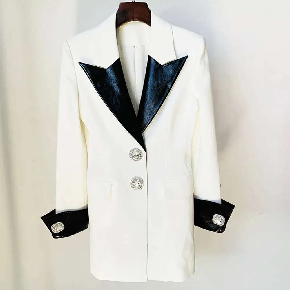 Slim Patchwork PU Leather Blazer For Women Notched Collar Long Sleeve Long Sleeve Colorblock Elegant Blazers Female