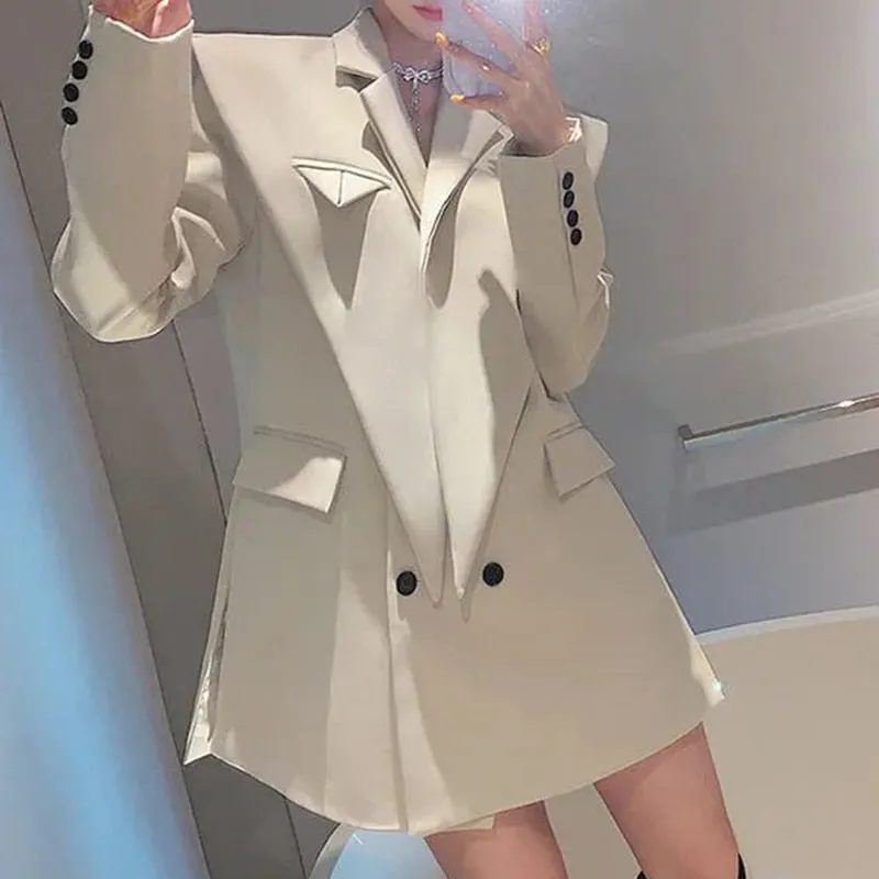 Solid Color Shoulder Pads Blazer For Women Long Sleeves Patchwork Irregular Suits Female Spring Fashion