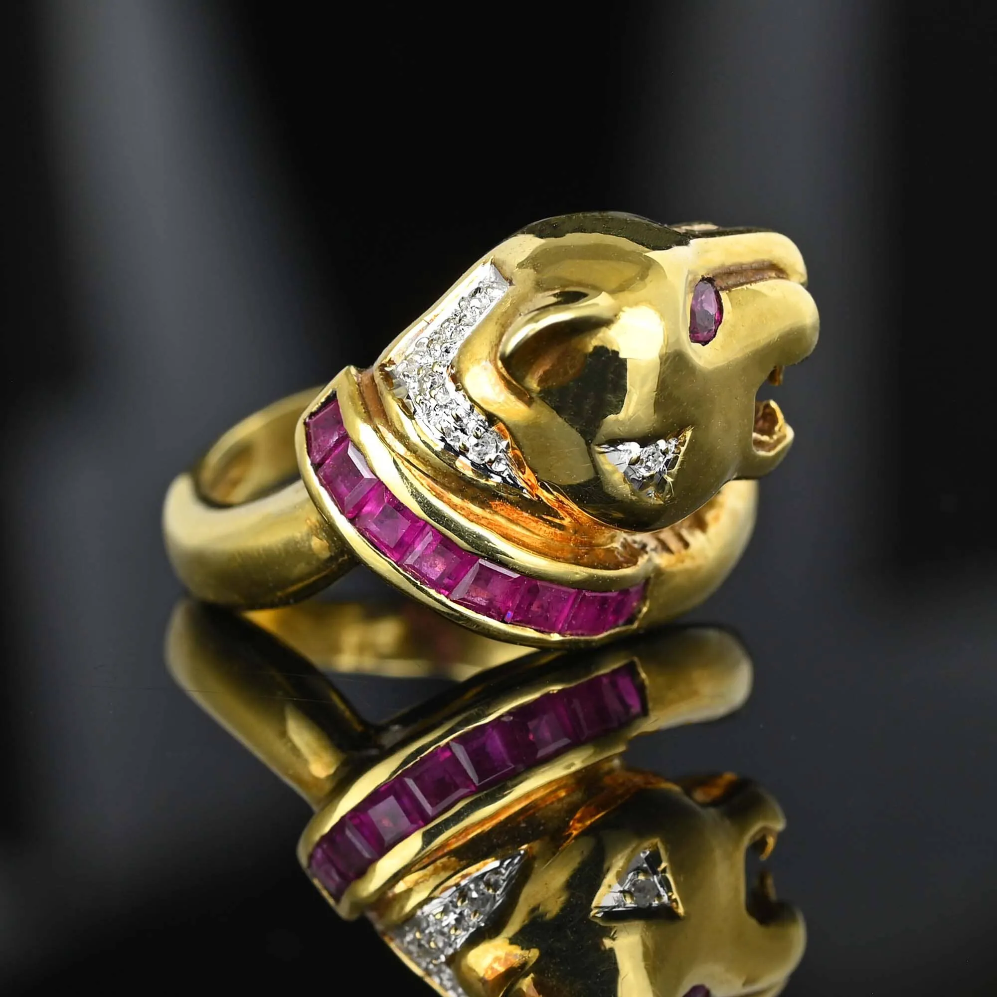 Statement Retro 14K Gold Ruby Diamond Panther Ring