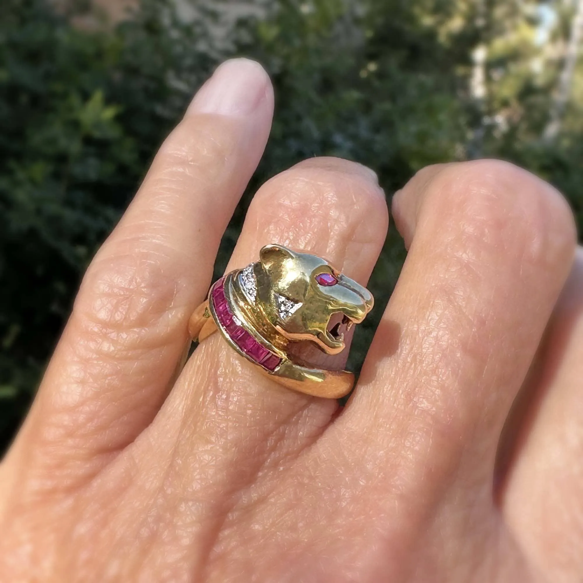 Statement Retro 14K Gold Ruby Diamond Panther Ring