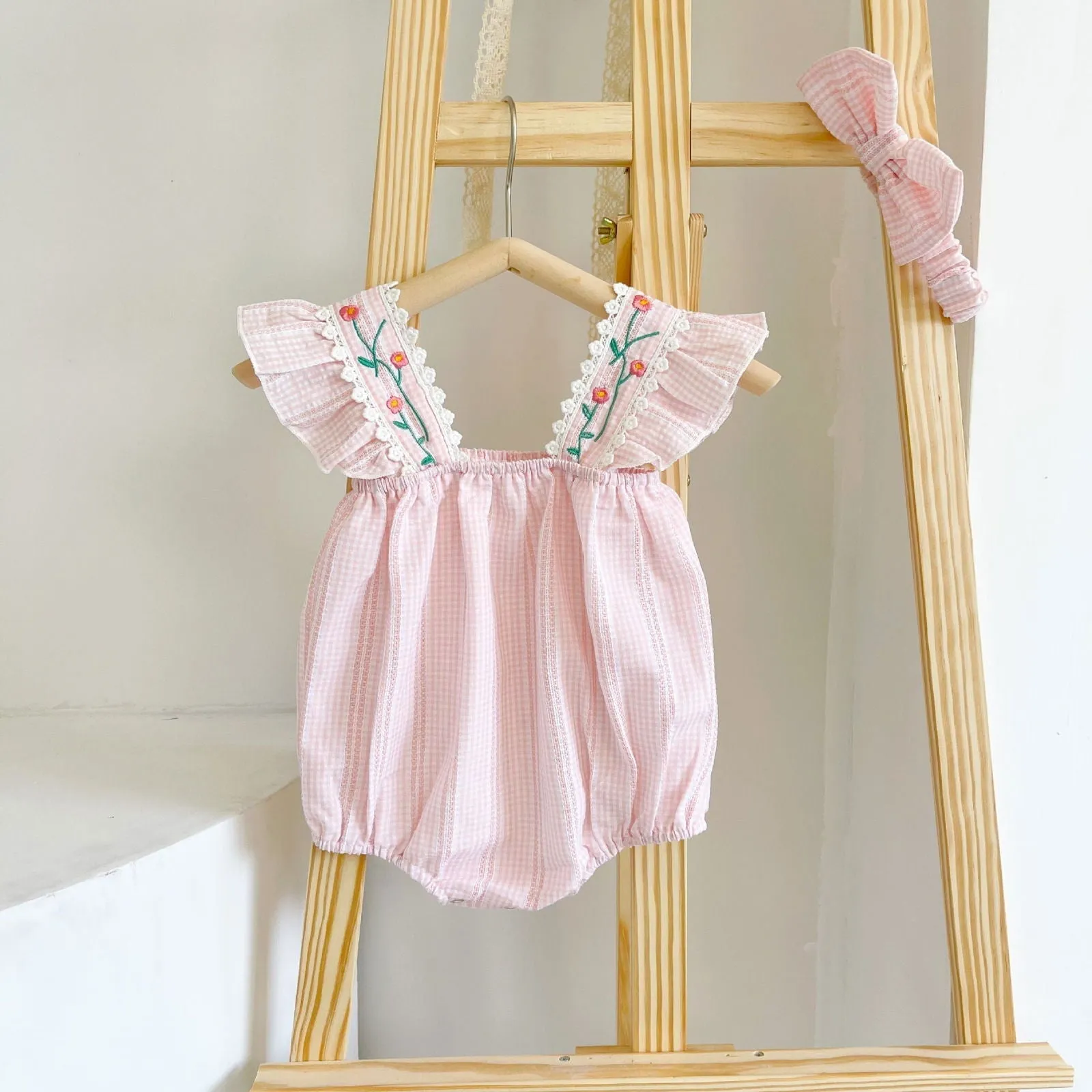 Stripe Floral Sleeveless Triangle Cotton Romper & Headband