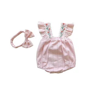 Stripe Floral Sleeveless Triangle Cotton Romper & Headband