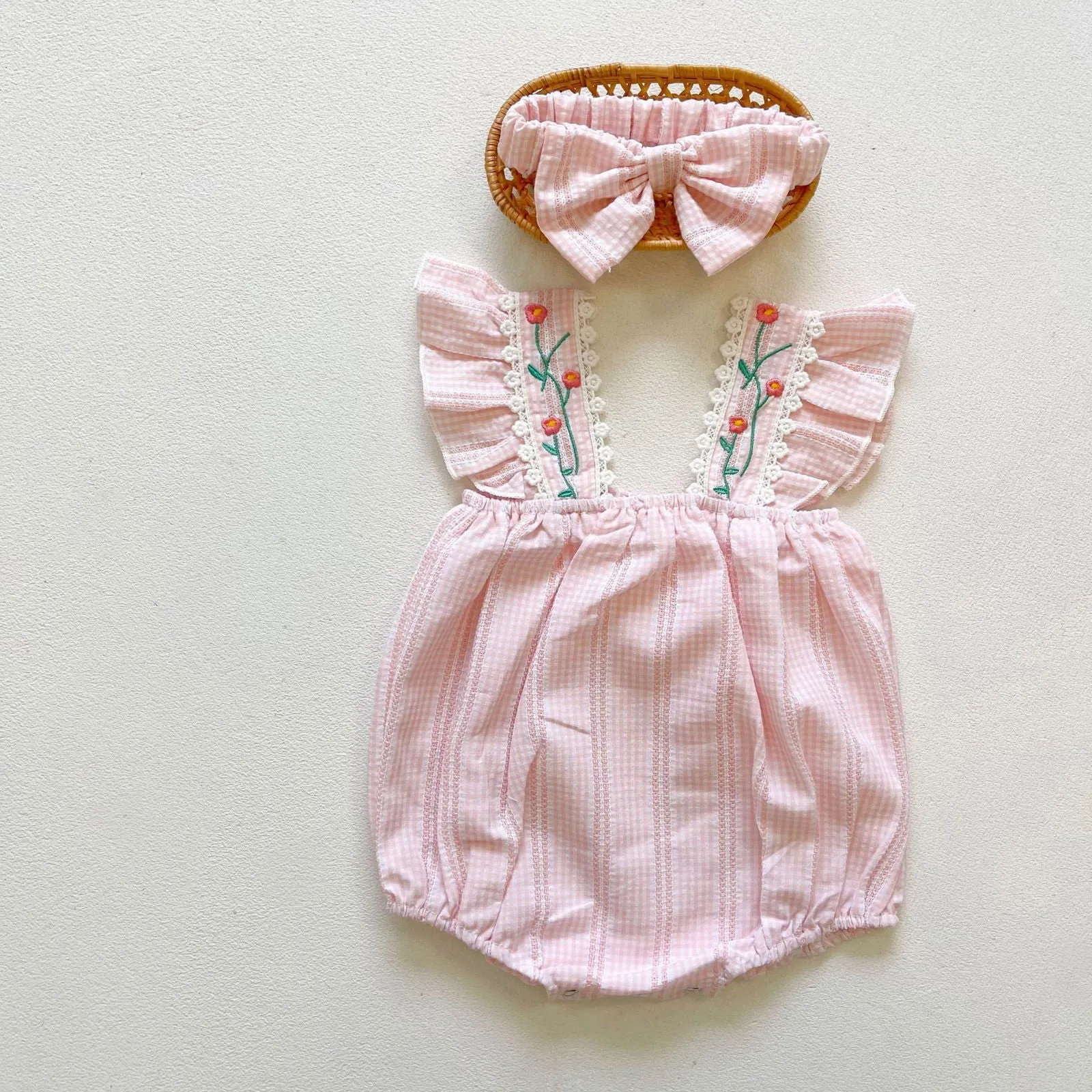 Stripe Floral Sleeveless Triangle Cotton Romper & Headband