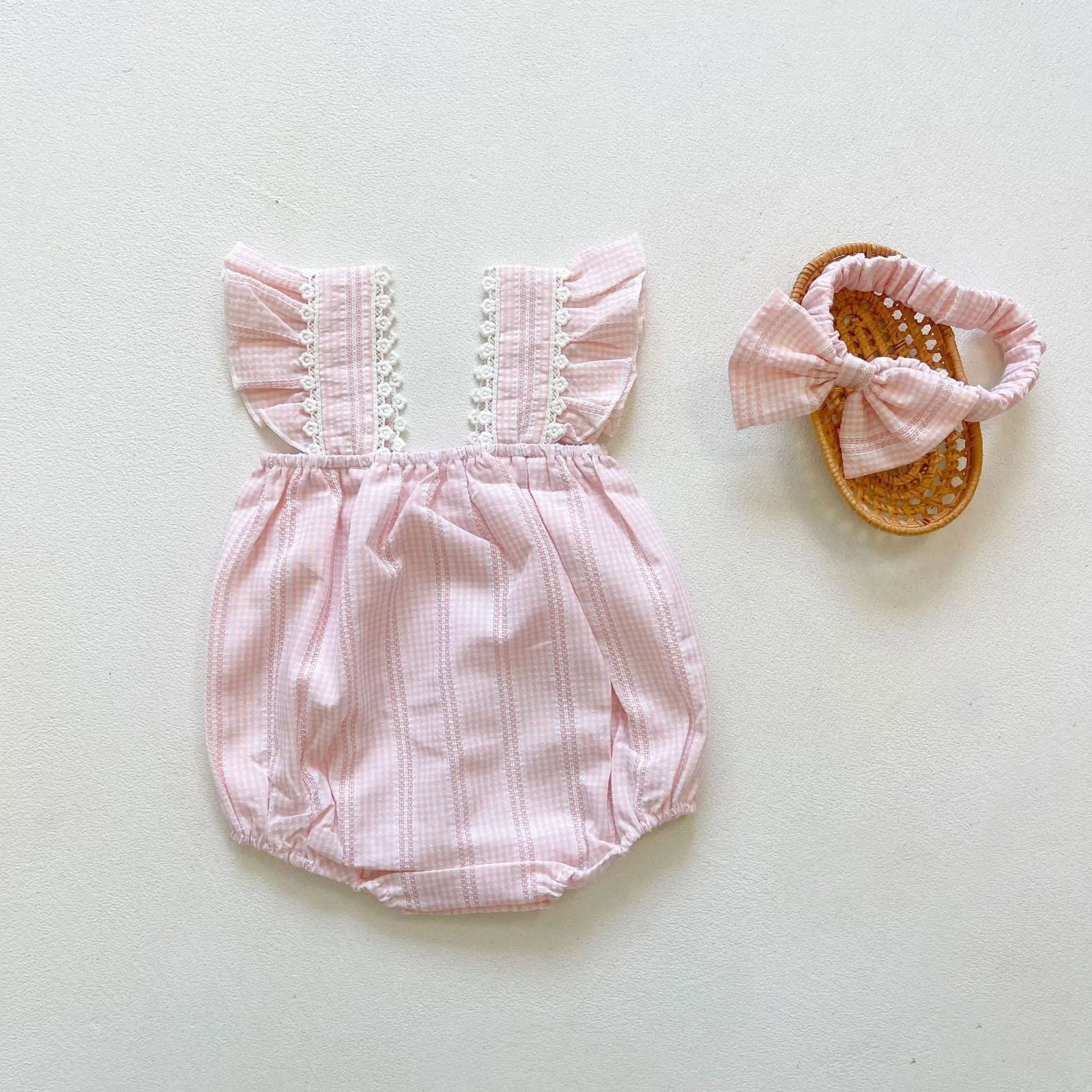 Stripe Floral Sleeveless Triangle Cotton Romper & Headband