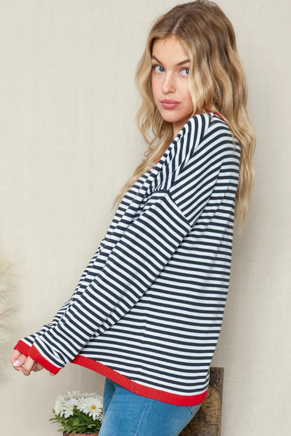 Striped Print Trim Drop Sleeve Knit Pullover Sweater