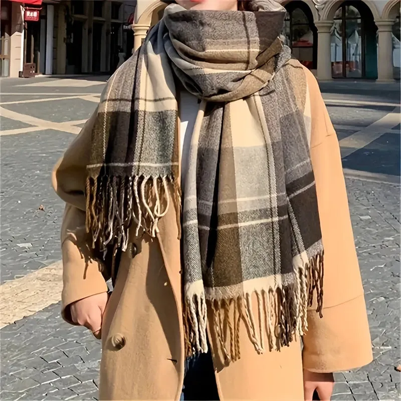 Thickened Warm Tassel Scarf - Luxurious Retro Checkered Pattern, Soft Imitation Cashmere, Unisex Design for Autumn and Winter - Exquisite High-End Quality with Elegant Tassel Detail