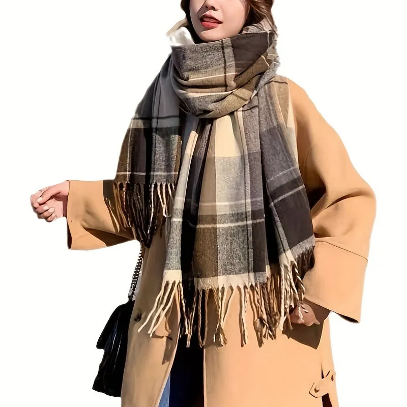 Thickened Warm Tassel Scarf - Luxurious Retro Checkered Pattern, Soft Imitation Cashmere, Unisex Design for Autumn and Winter - Exquisite High-End Quality with Elegant Tassel Detail