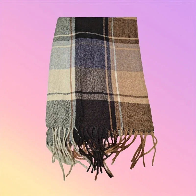 Thickened Warm Tassel Scarf - Luxurious Retro Checkered Pattern, Soft Imitation Cashmere, Unisex Design for Autumn and Winter - Exquisite High-End Quality with Elegant Tassel Detail