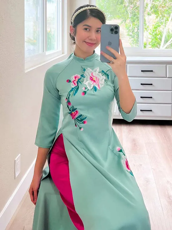 Vietnamese Ao Dai Ao Dai Dress Cyan Embroidery Includes One Ao Dai Top And Pants