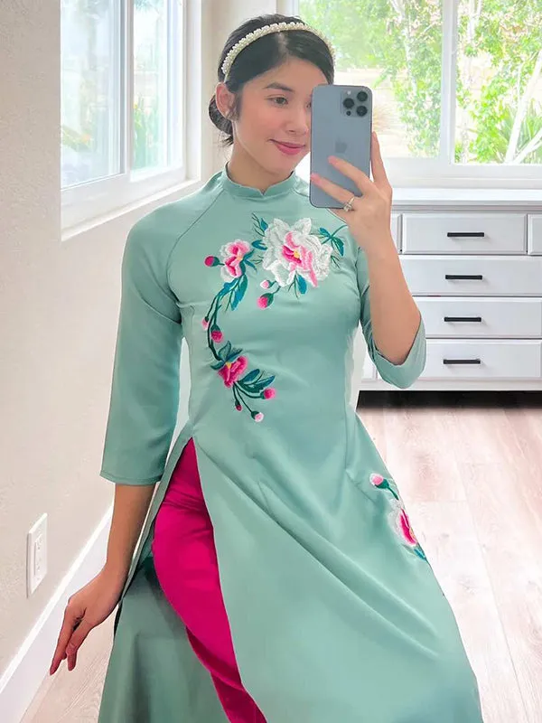 Vietnamese Ao Dai Ao Dai Dress Cyan Embroidery Includes One Ao Dai Top And Pants