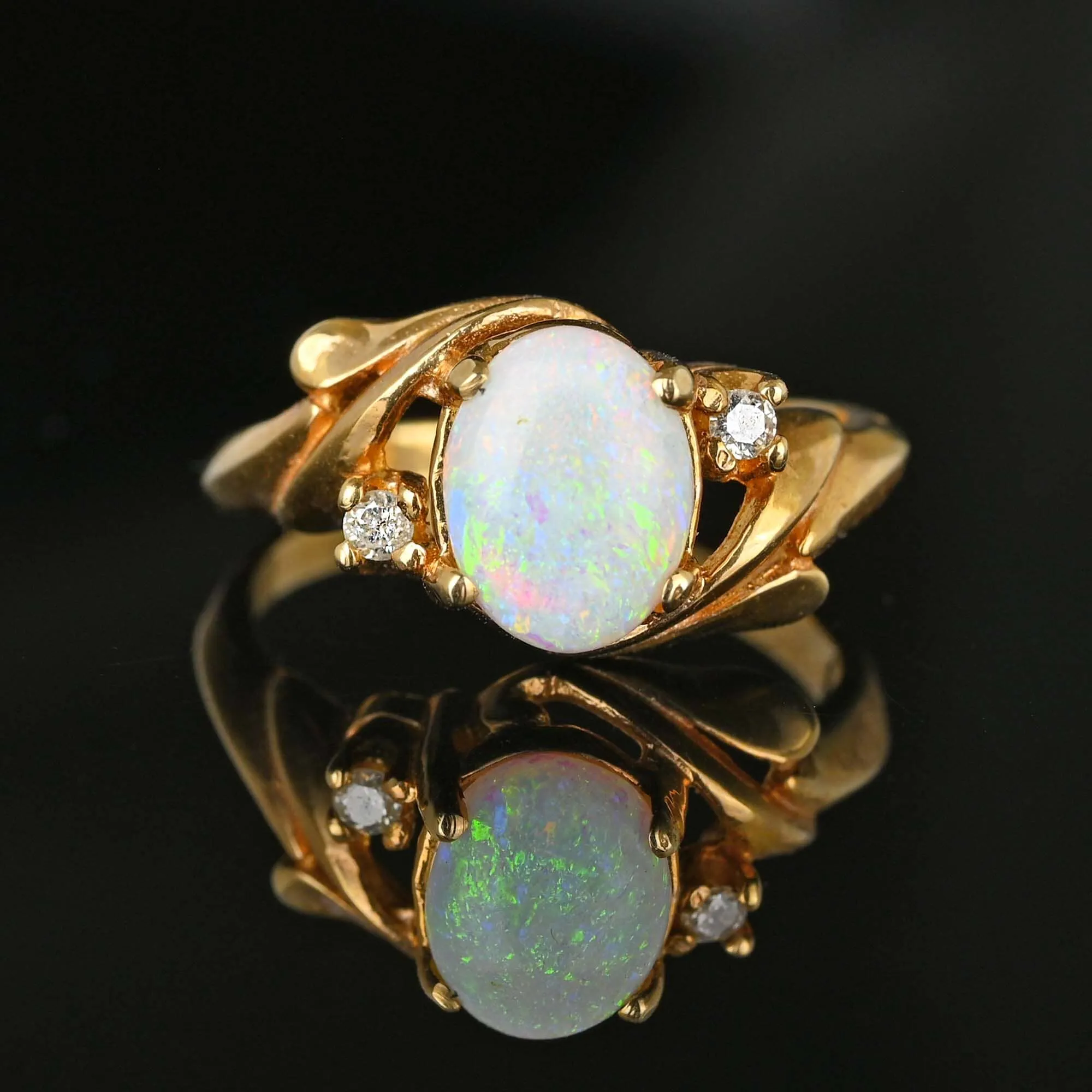 Vintage 14K Gold Opal Ring with Diamond Accents