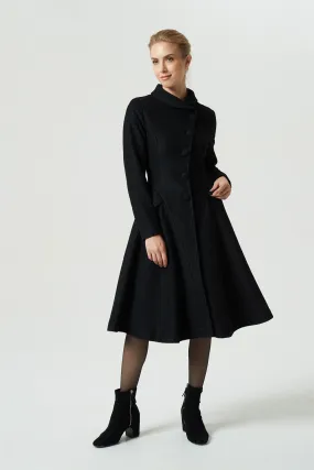 vintage black knee length wool coat 1973