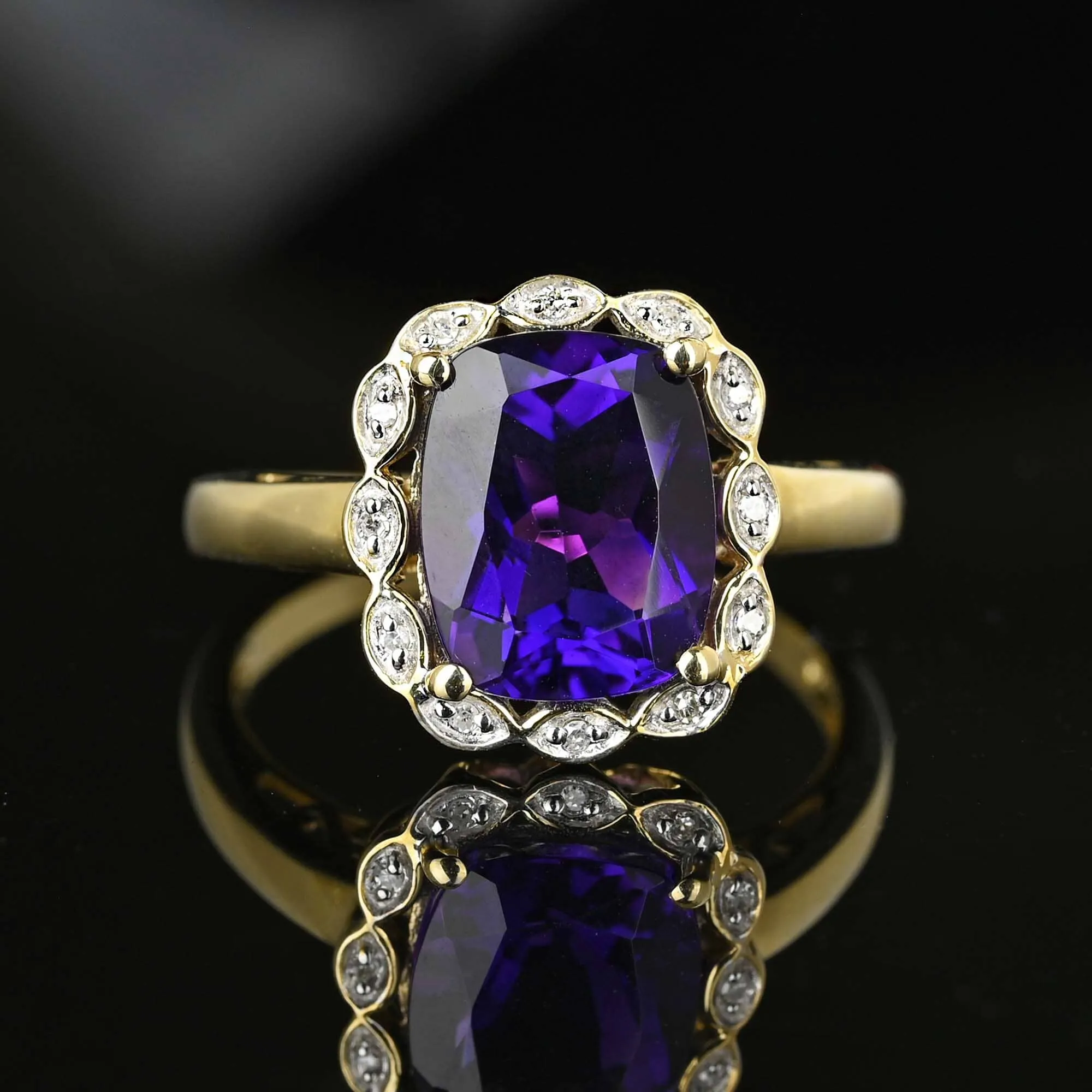 Vintage Diamond Halo Cluster Cushion Cut Amethyst Ring