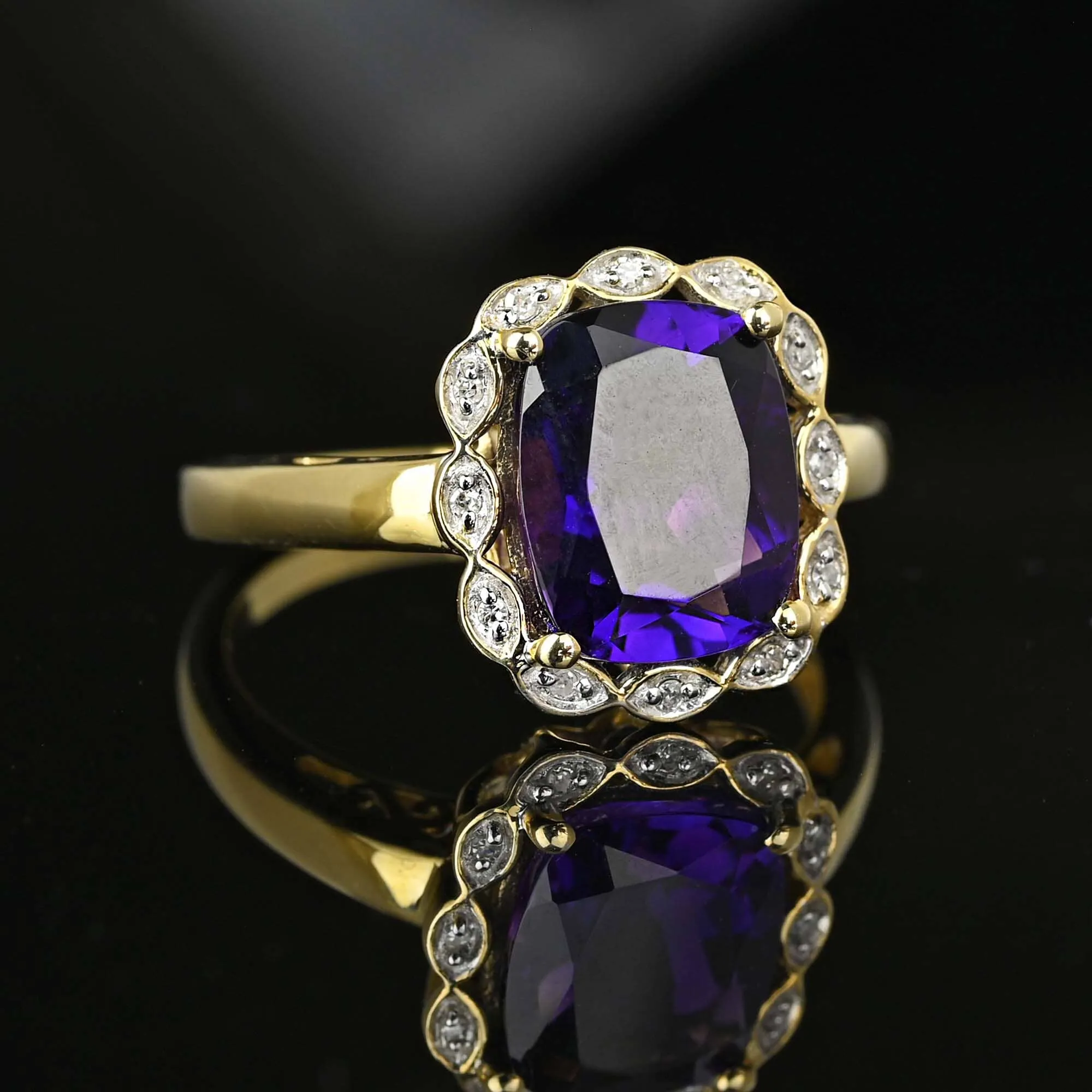 Vintage Diamond Halo Cluster Cushion Cut Amethyst Ring