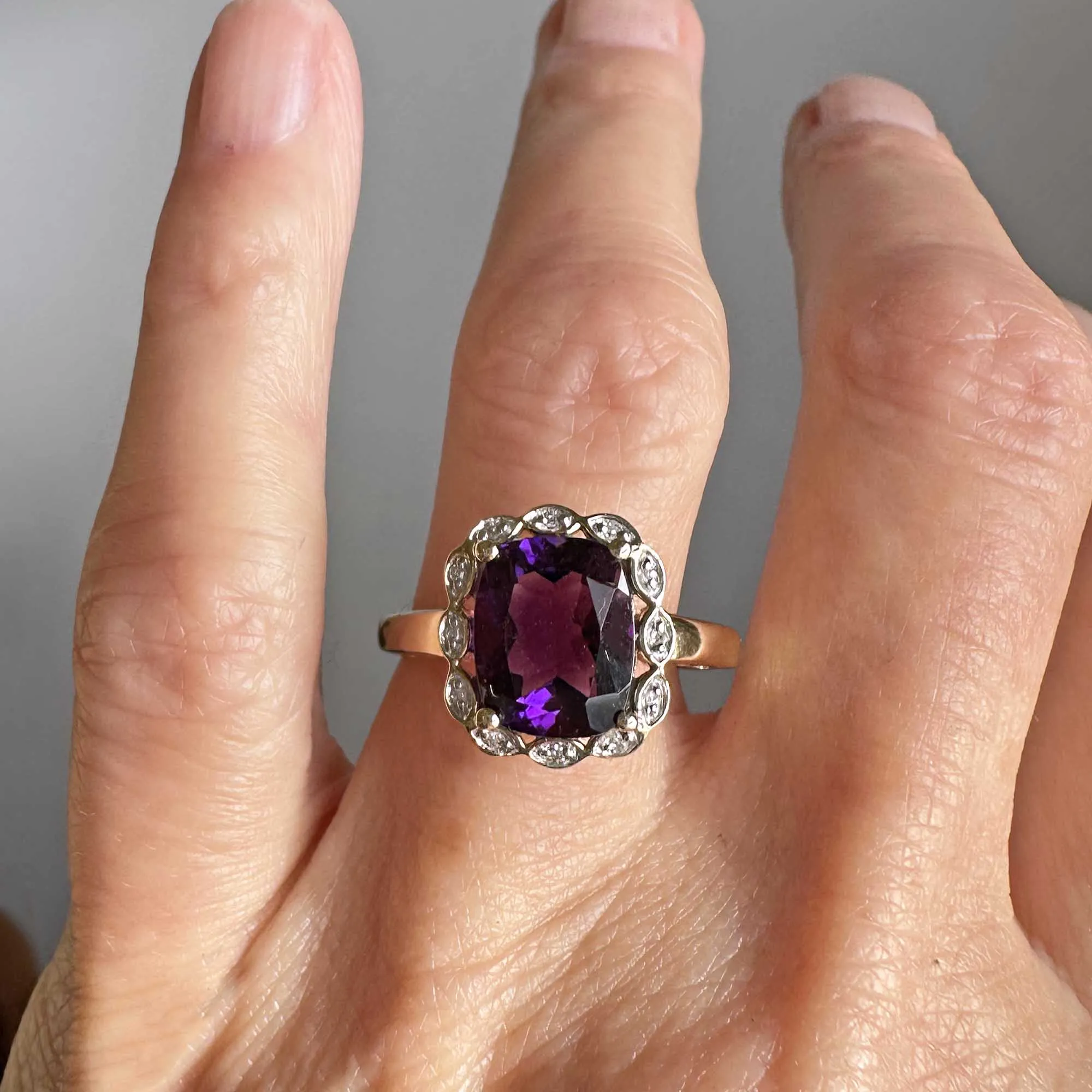 Vintage Diamond Halo Cluster Cushion Cut Amethyst Ring