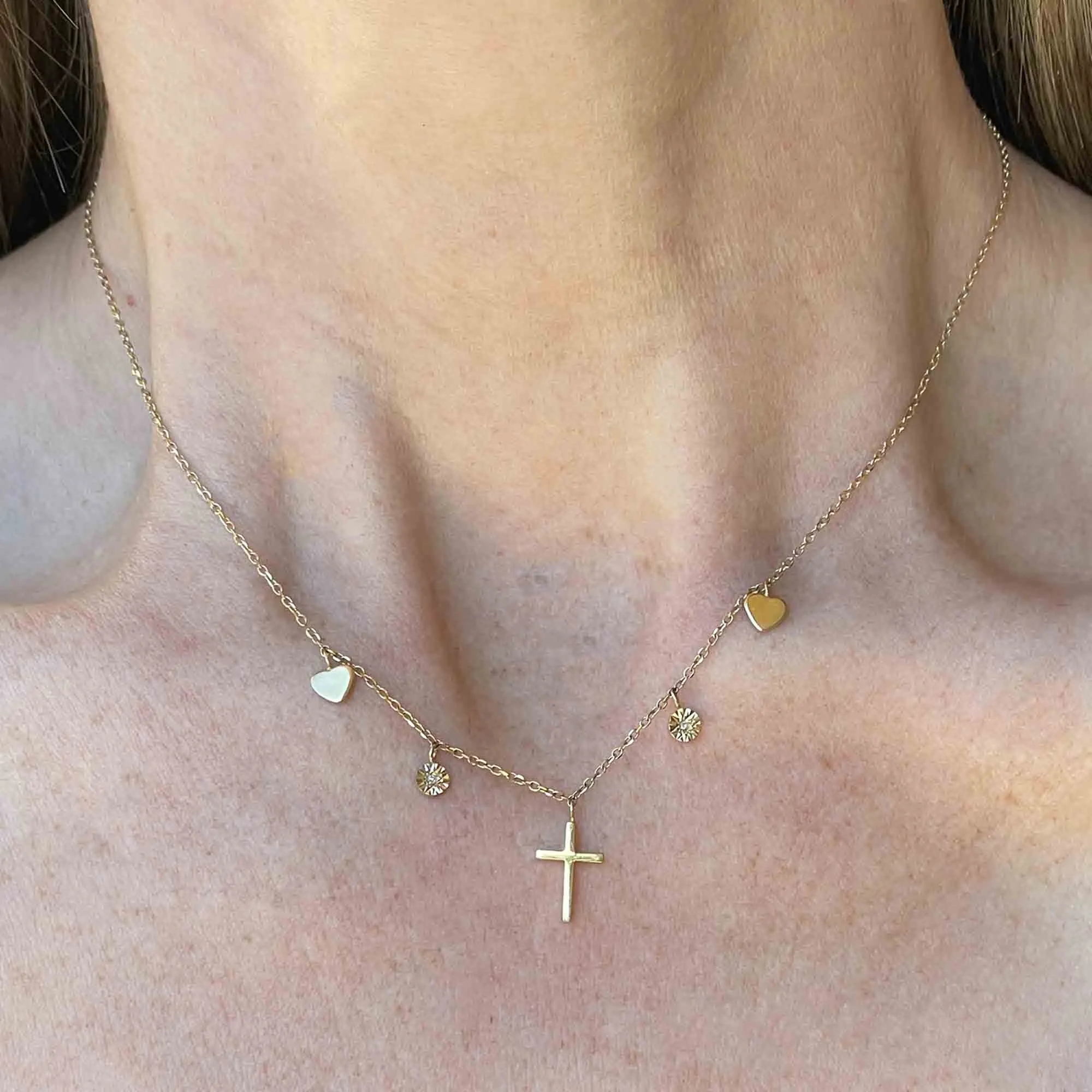 Vintage Diamond Heart Cross Charm Necklace in 14K Gold