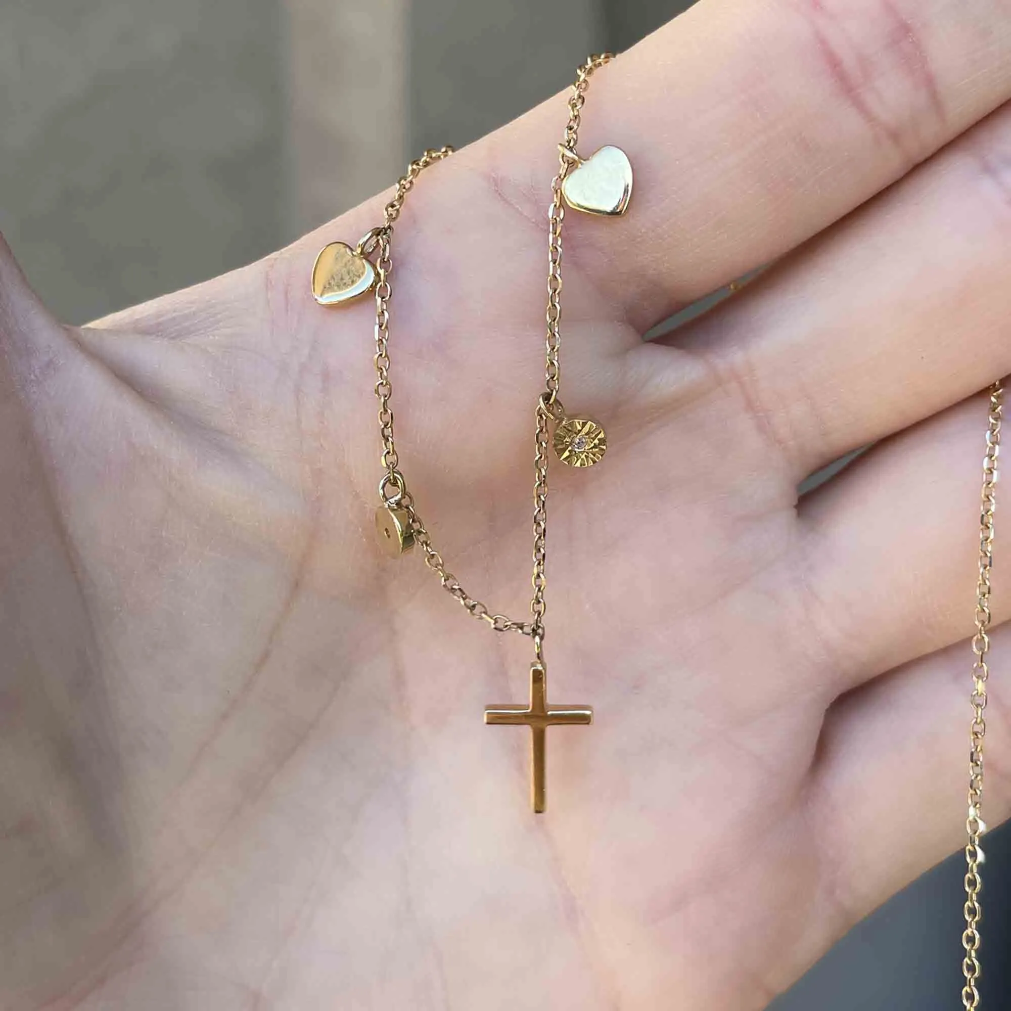 Vintage Diamond Heart Cross Charm Necklace in 14K Gold