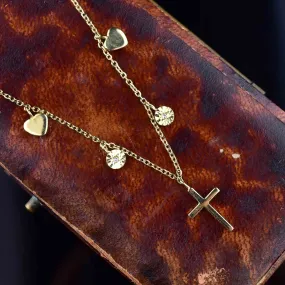 Vintage Diamond Heart Cross Charm Necklace in 14K Gold