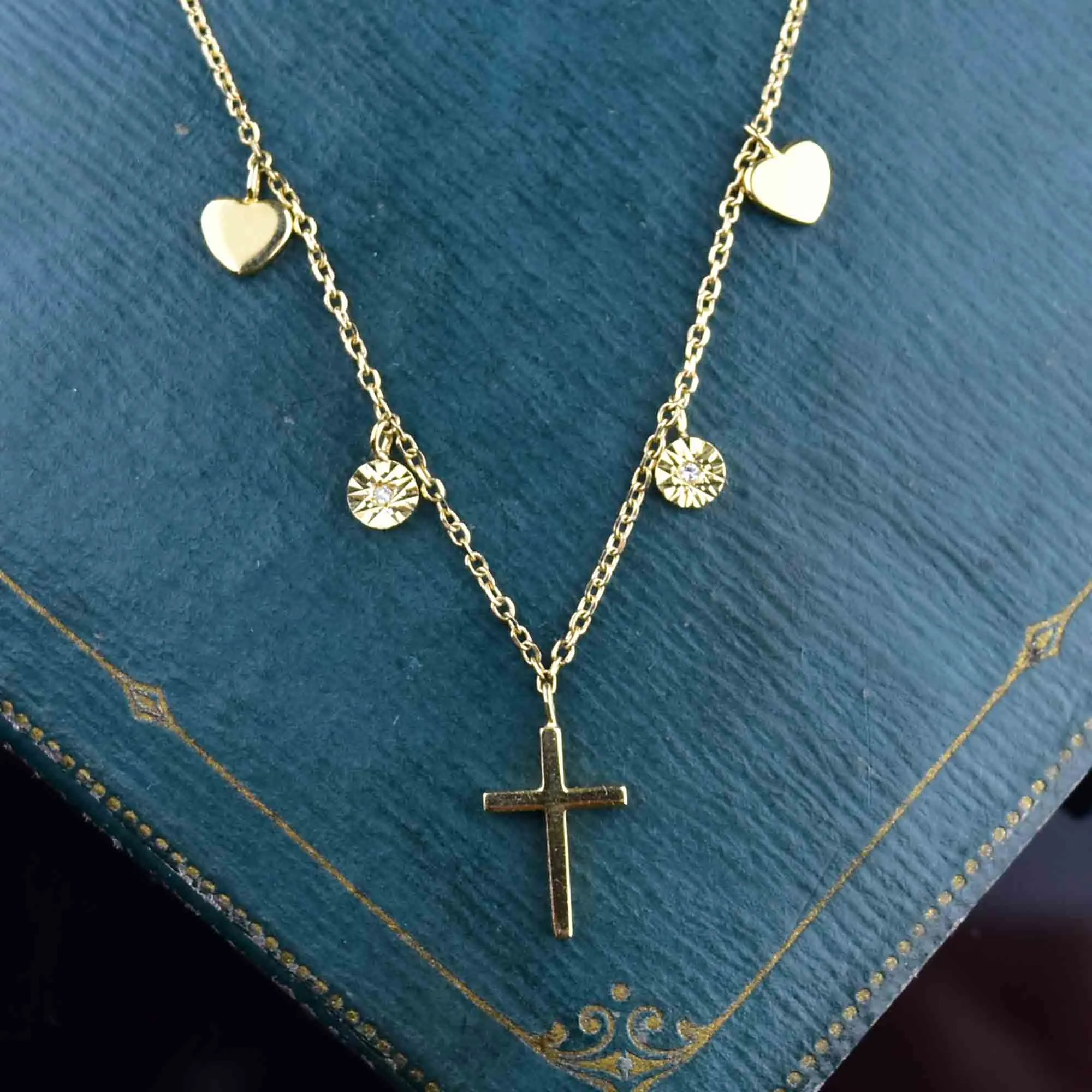 Vintage Diamond Heart Cross Charm Necklace in 14K Gold