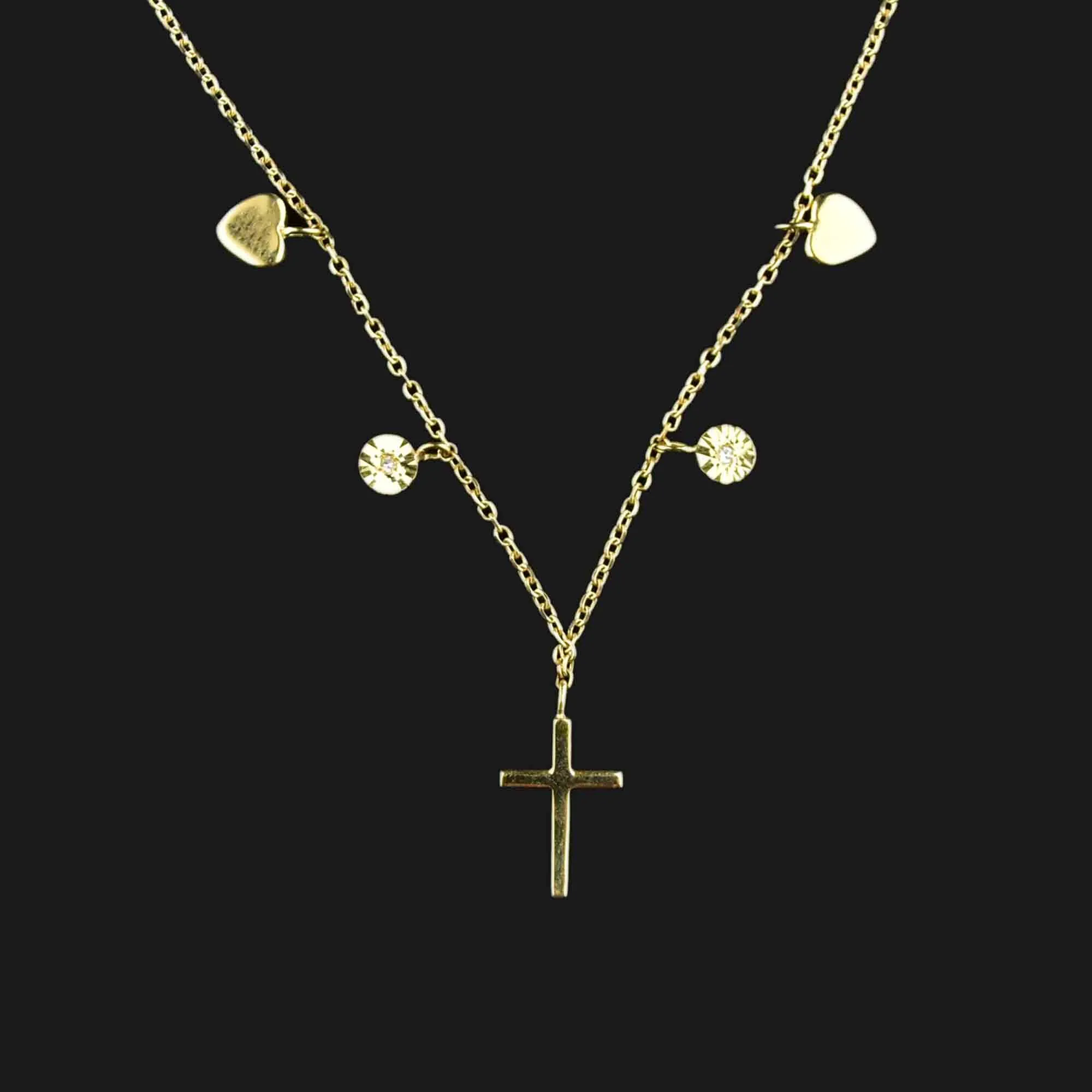 Vintage Diamond Heart Cross Charm Necklace in 14K Gold