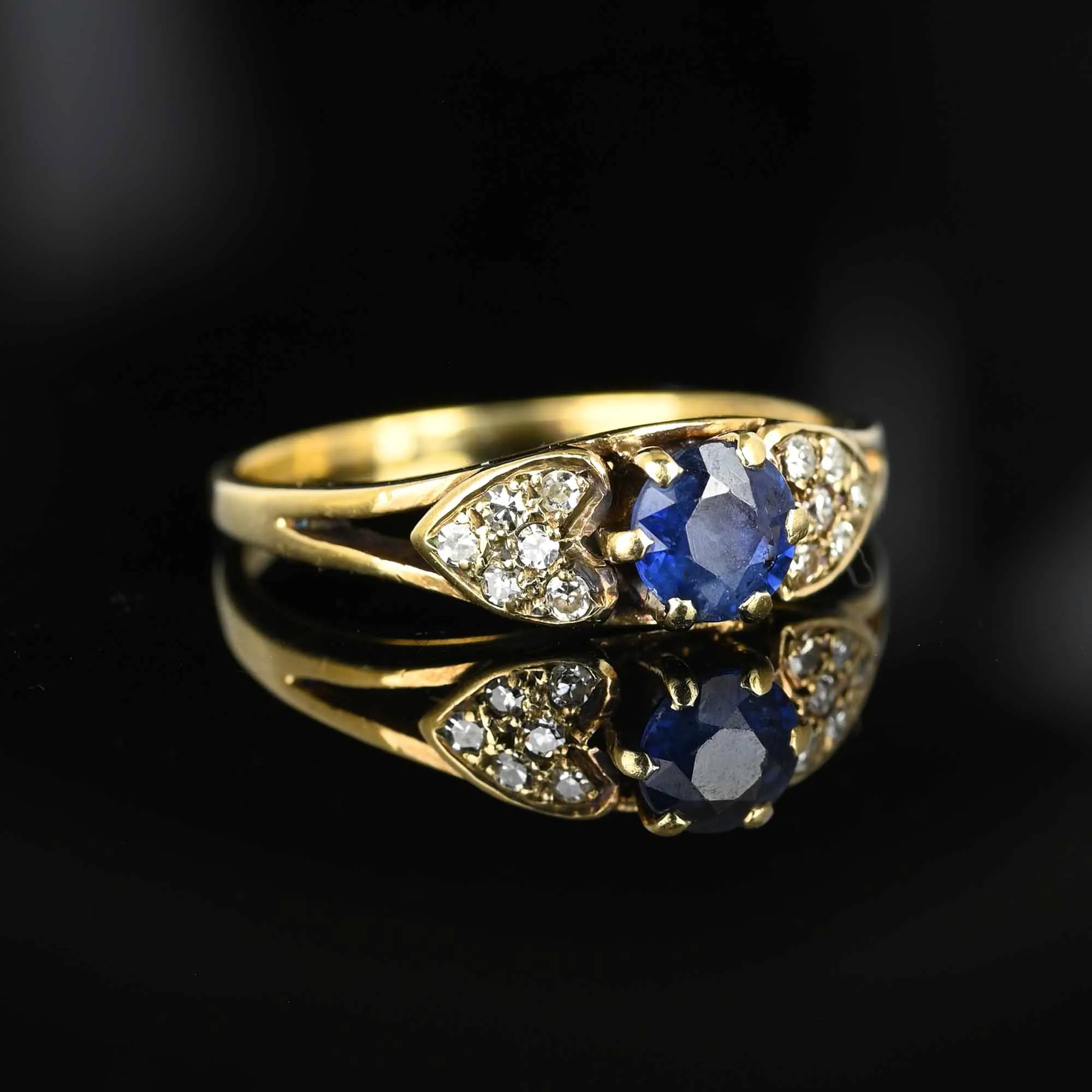 Vintage Gold Diamond Heart Shoulder Sapphire Ring