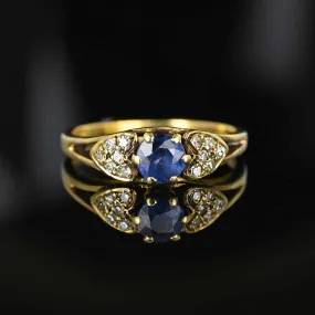 Vintage Gold Diamond Heart Shoulder Sapphire Ring