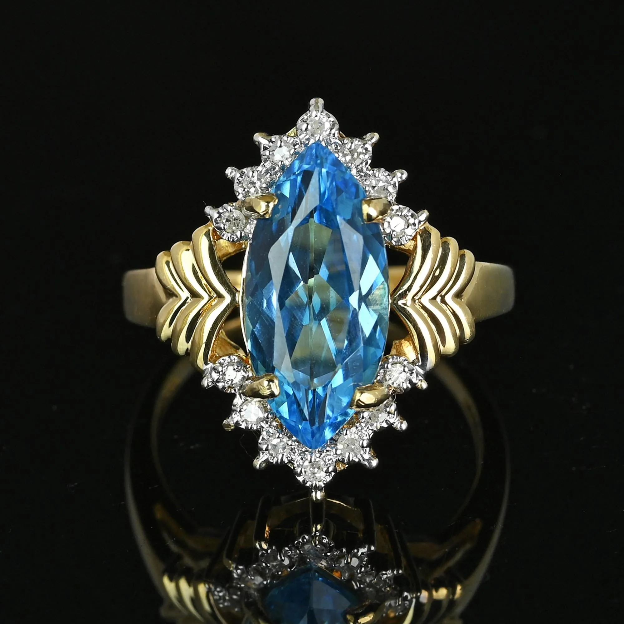 Vintage Gold Marquise Blue Topaz Diamond Cluster Ring