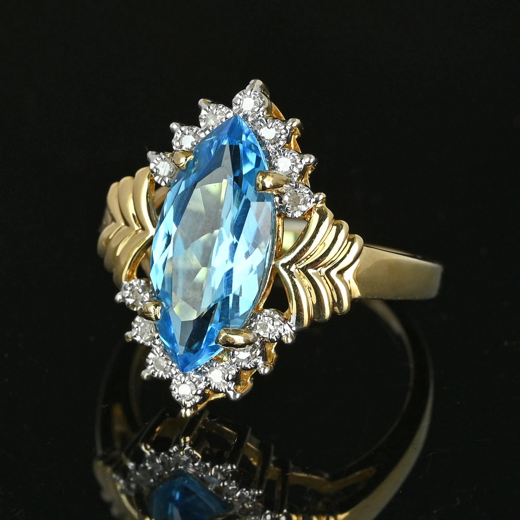 Vintage Gold Marquise Blue Topaz Diamond Cluster Ring