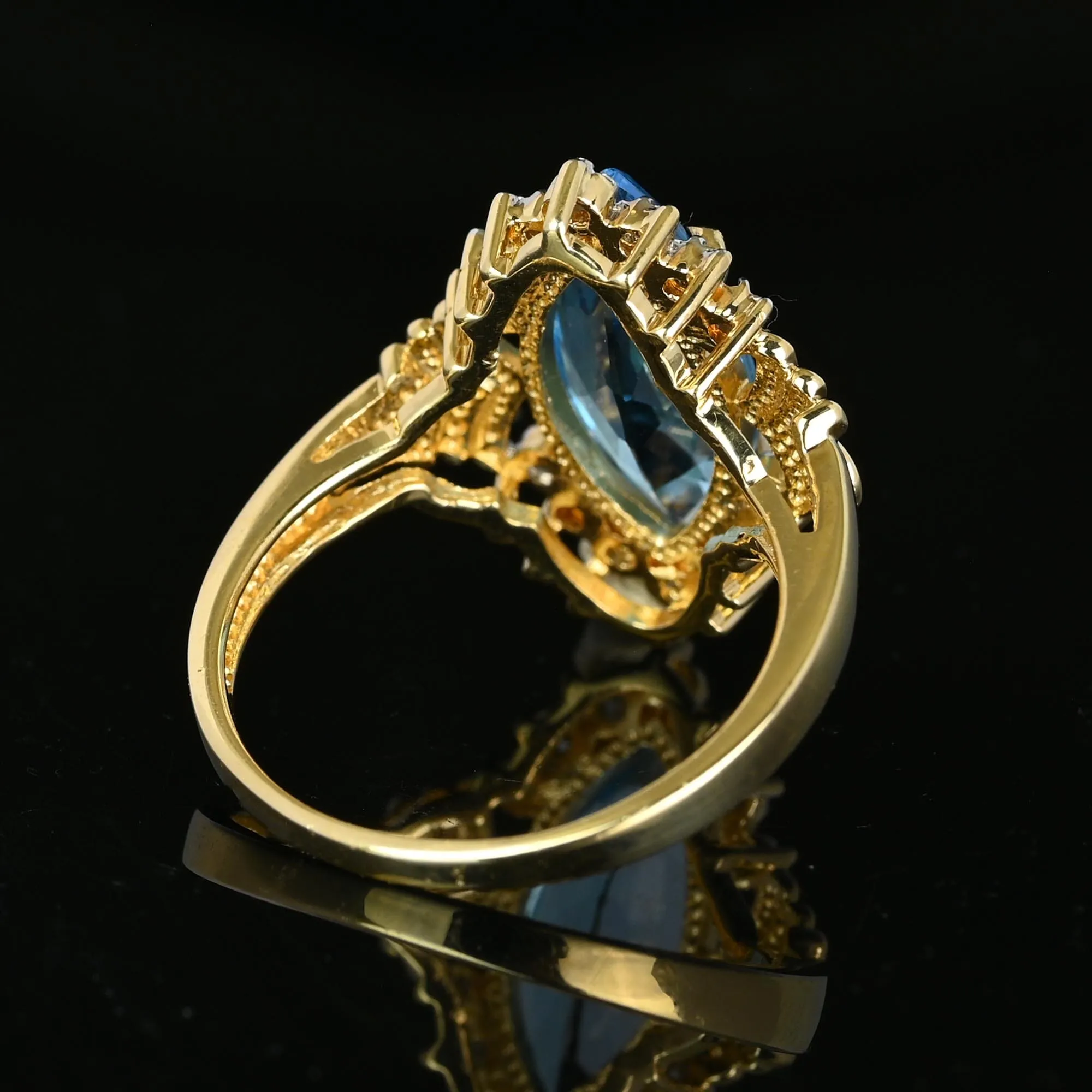 Vintage Gold Marquise Blue Topaz Diamond Cluster Ring