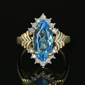 Vintage Gold Marquise Blue Topaz Diamond Cluster Ring